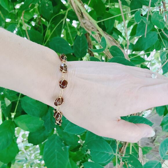 VTG Agate Quartz Gemstone Bracelet 1960s 1970s Artisan Gold Tone Wire Wrapped - Picture 2 of 13